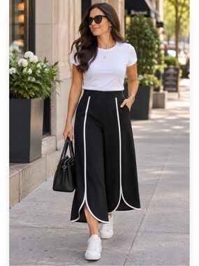 BloomChic Wide-Leg Black Crop Pants with Contrast Piping size 1X (14-16)